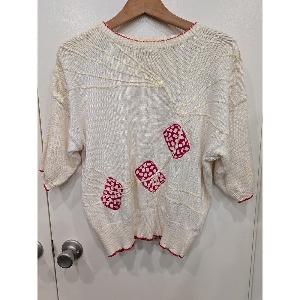Koret Petites Vintage Art to Wear Cotton Sweater Large Cream Red Grandmacore